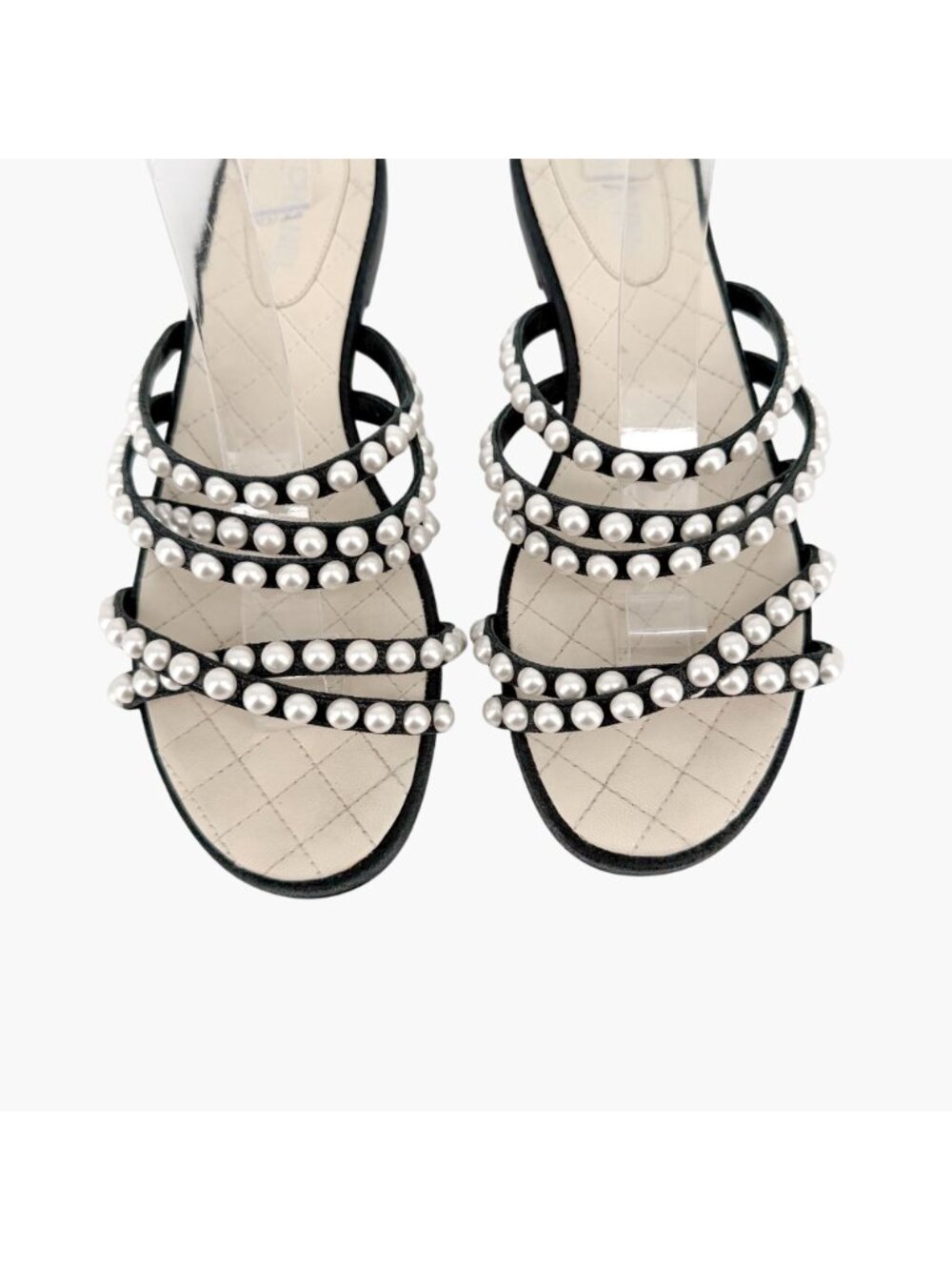 Chanel CC Pearl Strappy Slide Sandals Black White Flat Size 38.5 US 7.5-8 Women - Picture 3 of 14
